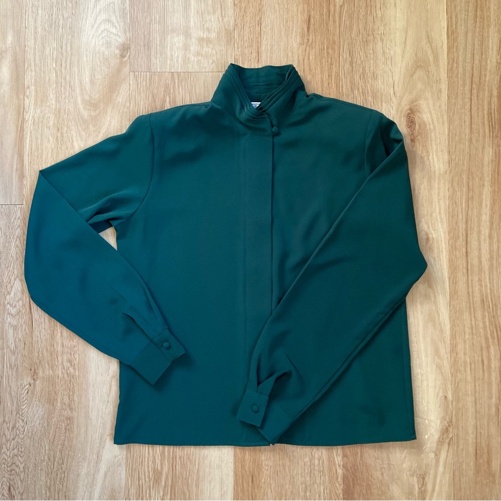 Vintage Hunter Green Long Sleeve High Neck Button Up Blouse Women's Petite 6
